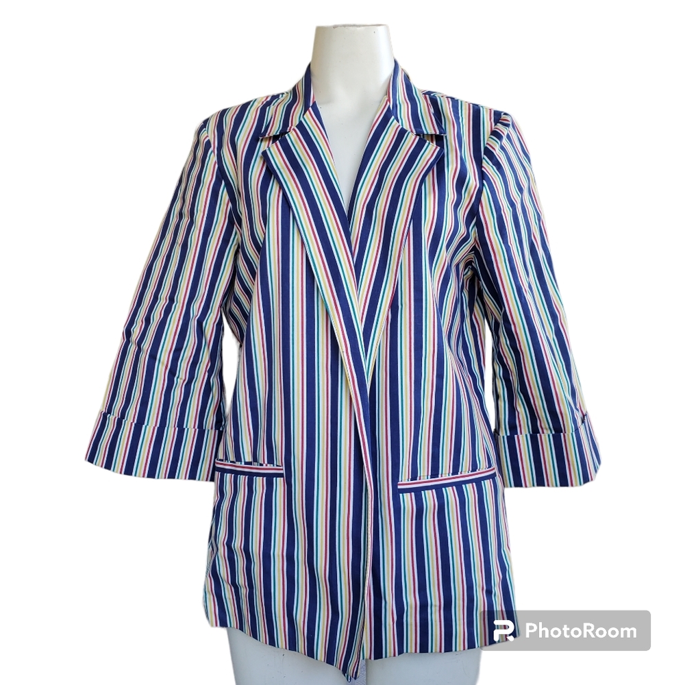 Vintage 1980s Multicolored Bold Striped Open Front Blazer Size 12 By JBJ
